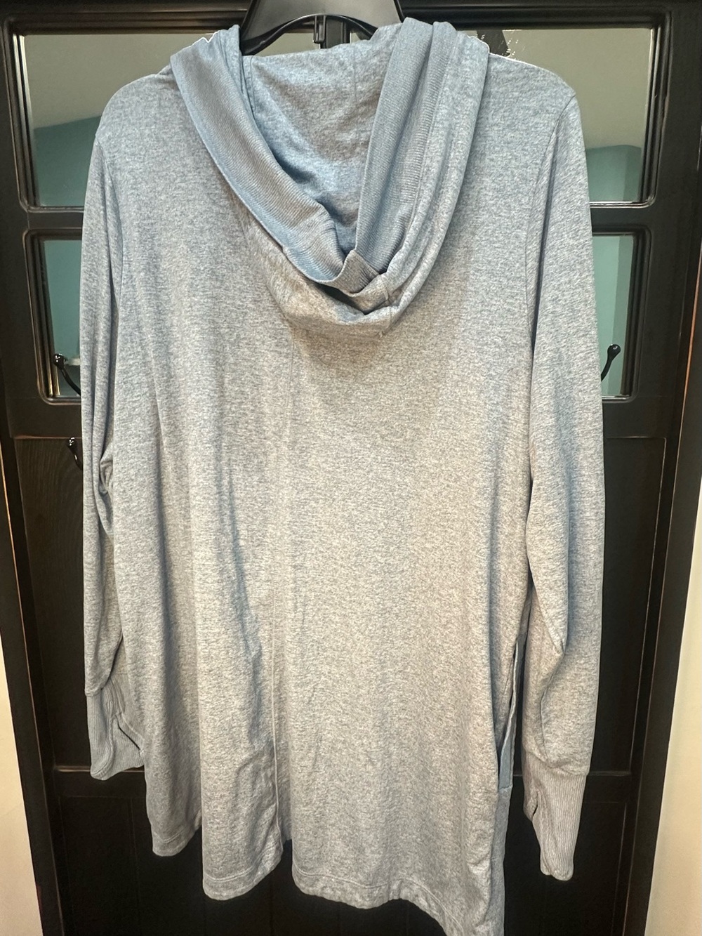 Athleta Heathered Light Blue Hooded Open Cardigan